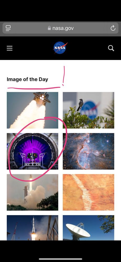A screenshot of NASA's images of the day from April 2025, with a glamour shot of the IMAP spacecraft circled in pink. Exciting! 