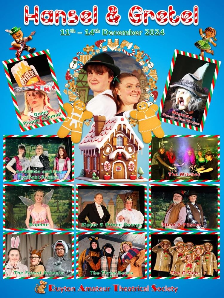 The cast photos for Hansel and Gretel, with a Dame, a witch, Fairies, bears, gingerbread men, forest creatures, princes and bad guys