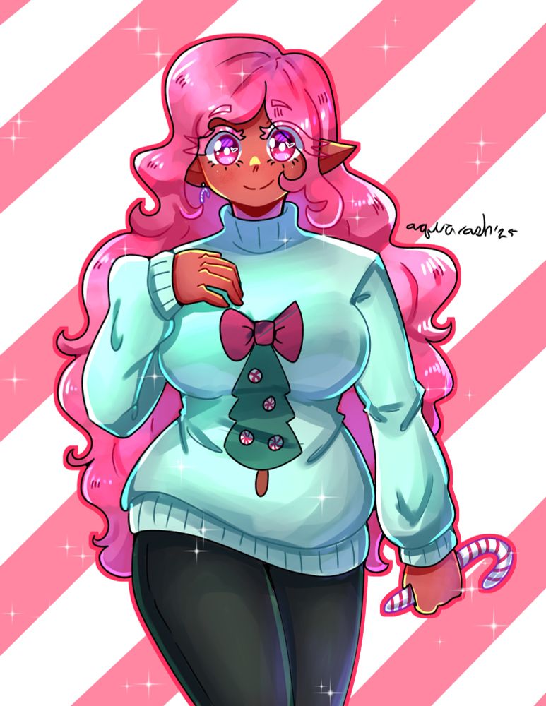 Drawing of humanized minty from my little pony wearing a Christmas sweater and holding a candy cane