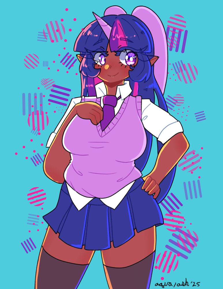 Drawing of humanized twilight sparkle from my little pony with one hand on her hip and the other on her chest while smiling confidently