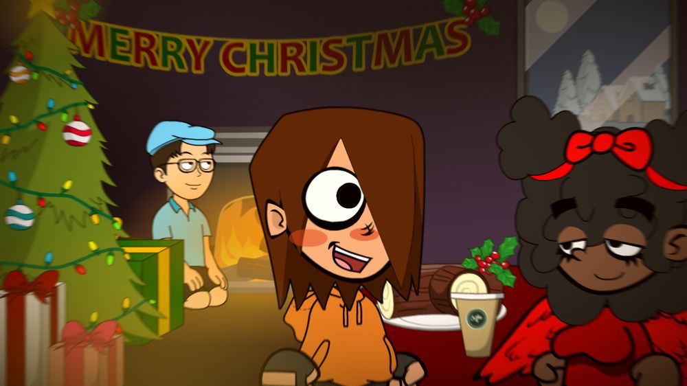 A christmas party at the FlashThemes HQ, It'sJay is talking to Yuka, and axel in the back is sitting by a fireplace. The whole image has a warm vibe to it. There is a christmas tree with presents and a hot chocolate with a yule log on the table. outside is a snowy area, contrasting wthe warm interior.