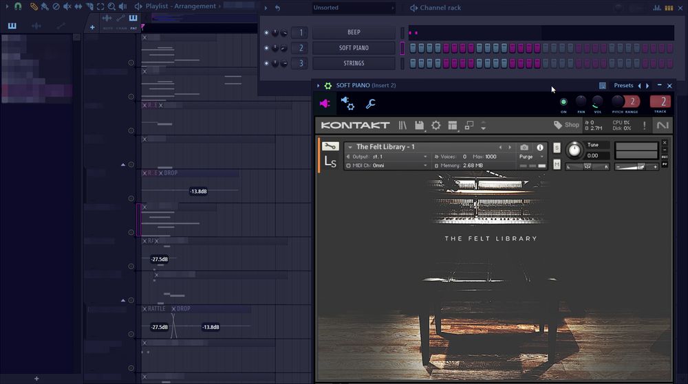Digital Audio Workstation FLStudio examining a strange looking project file related to a new FlashThemes features. The picture is highly redacted, but shows various patterns and sounds within the playlist. Additionally, an instrument titled "SOFT PIANO" is open, however other instruments present in the project are visible in the channel rack, being "BEEP" and "STRINGS". What could it be!?