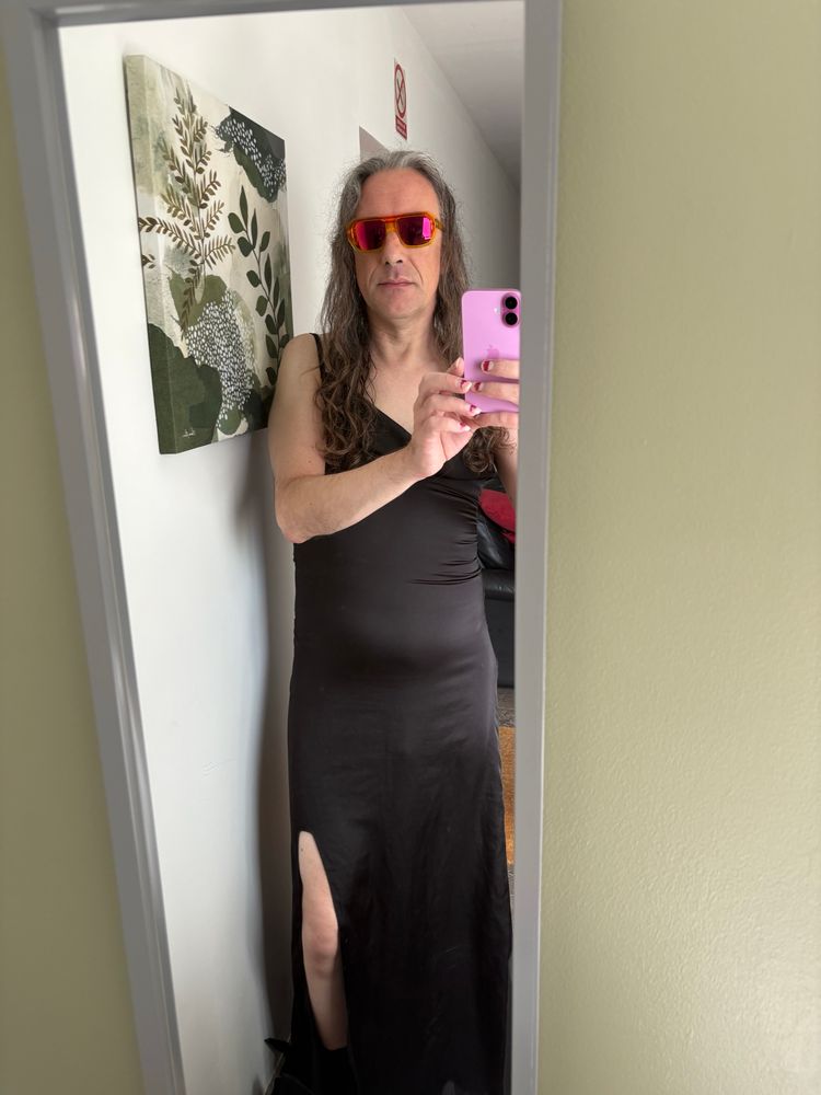 mirror selfie in black cami maxi frock with left thigh split