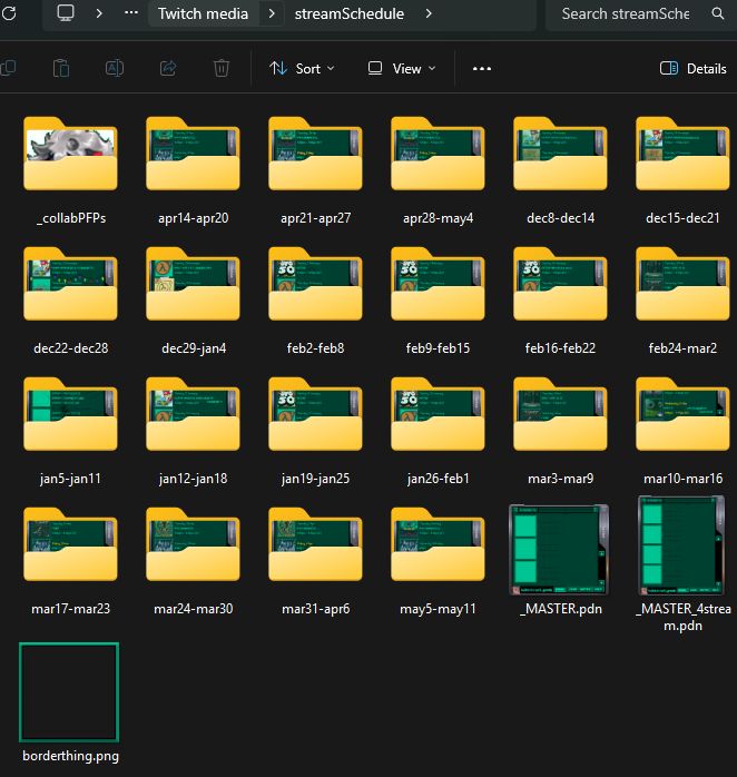 An image of soft_gremlin's "Stream Schedule" folder. Dates of files span from the 5th of January to the 11th of May. 