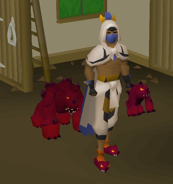 An Old School RuneScape character equipped with a TzTok-Jad plushie, TzTok-Jad slippers, and a newly acquired TzRek-Jad pet. Oh, and the character's name is "TzTokJad UwU".