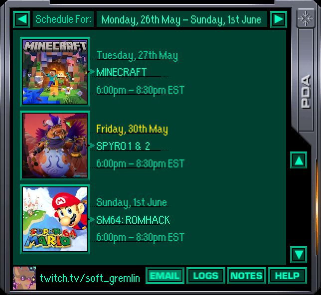 soft_gremlin will be live on Twitch on the following dates: Tuesday, 27th of May, Friday, 30th of May, and Sunday, 1st of June. All stream times are in EST and start at 6pm. They will end at roughly 8:30pm.