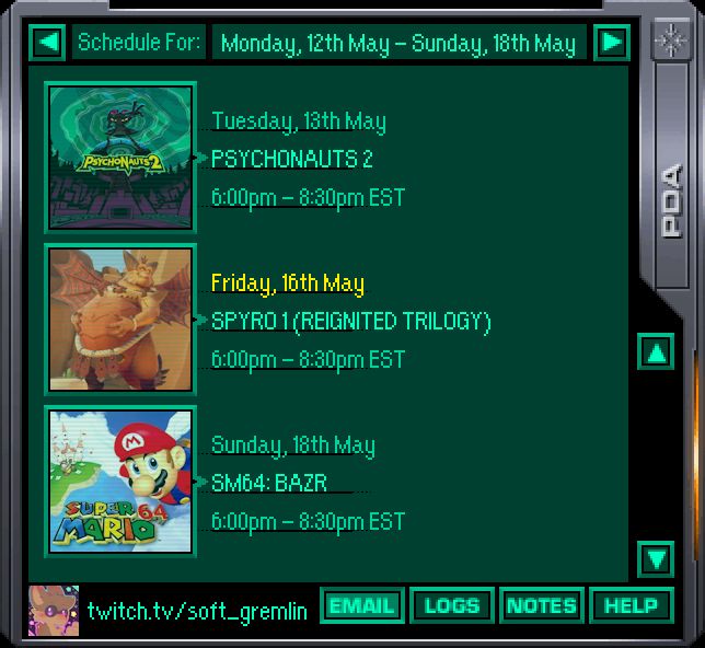 soft_gremlin will be live on Twitch on the following dates: Tuesday, 13th of May, Friday, 16th of May, and Sunday, 18th of May. All stream times are in EST and start at 6pm. They will end at roughly 8:30pm.