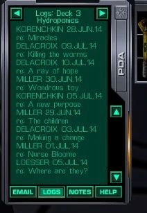 Image of a menu from System Shock 2; specifically, the PDA menu. Highlighted are voice logs from various characters.