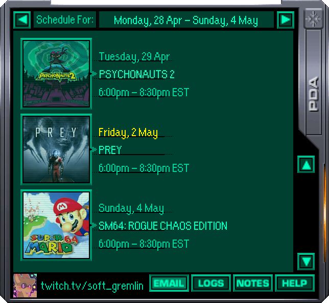 soft_gremlin will be live on Twitch on the following dates: Tuesday, 29th of April, Friday, 2nd of May, and Sunday, 4th of May. All stream times are in EST and start at 6pm. They will end at roughly 8:30pm.