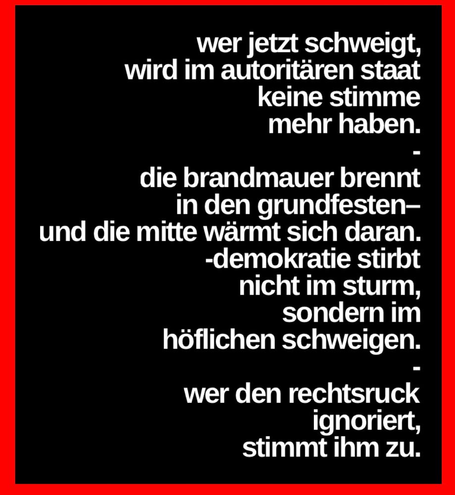 Weiße Schrift auf schwarzem Hintergrund mit rotem Rahmen:

Wer jetzt schweigt, wird im autoritären Staat keine Stimme mehr haben.
-Die Brandmauer brennt in den Grundfesten– und die Mitte wärmt sich daran.
-Demokratie stirbt nicht im Sturm, sondern im höflichen Schweigen.
-Wer den Rechtsruck ignoriert, stimmt ihm zu.