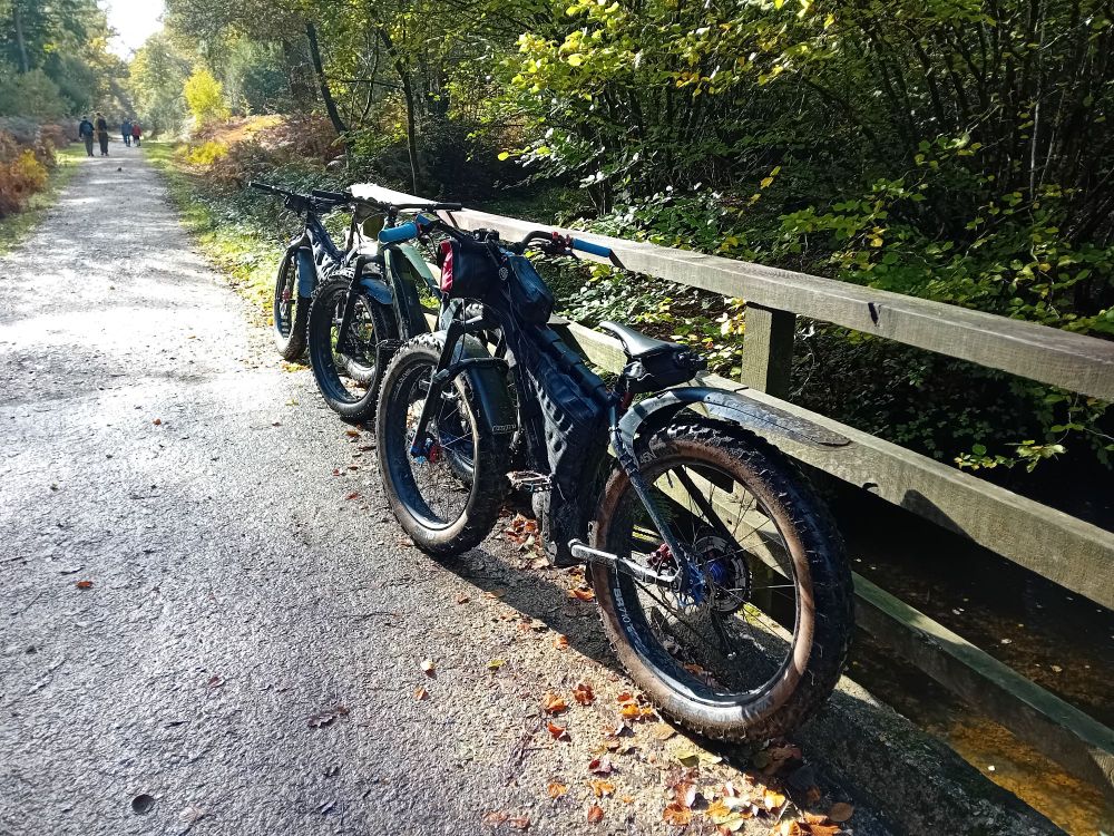 3 fat bikes leaning on a railings over a stream in Ashurst enclosure, New Forest in the foreground. Silhouettes of walkers in the distance on a gravel path.