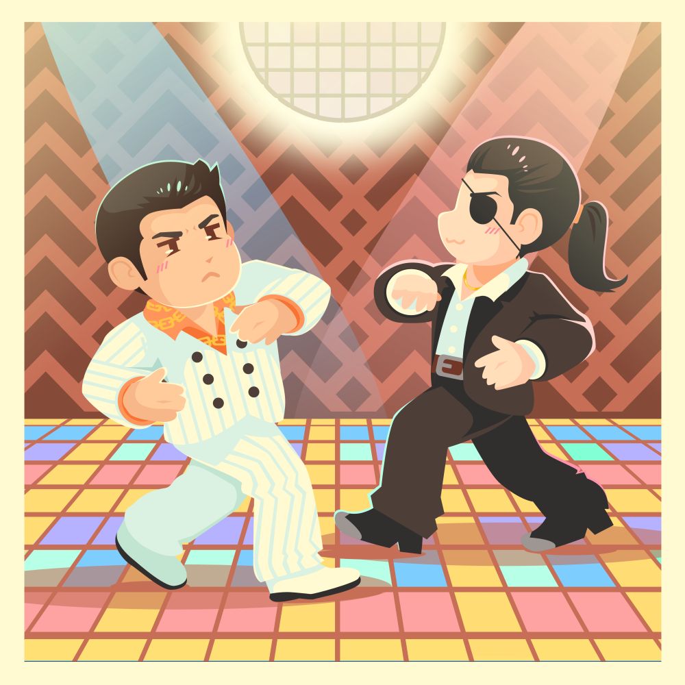 chibi kazuma kiryu and goro majima from yakuza 0