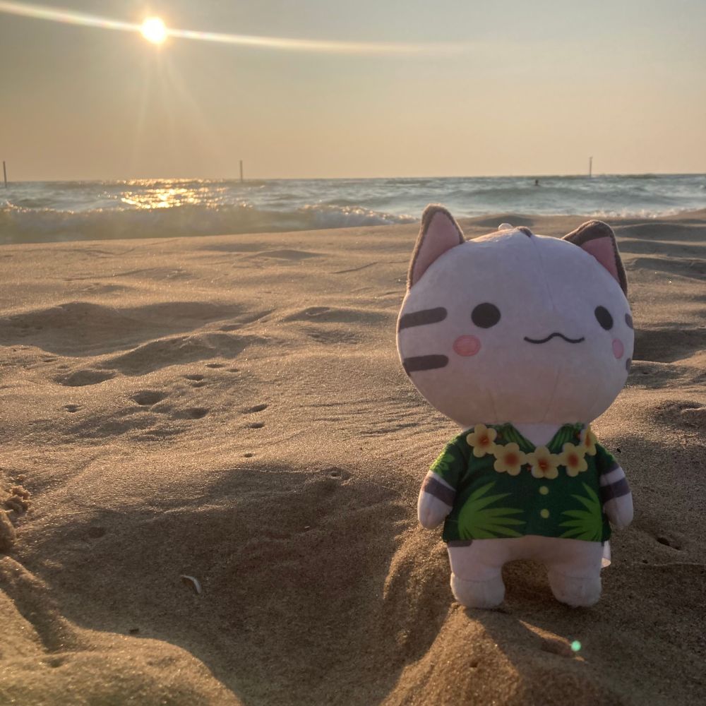 aloha chiineko plush from ufo catchers in like a dragon infinite wealth on a beach
