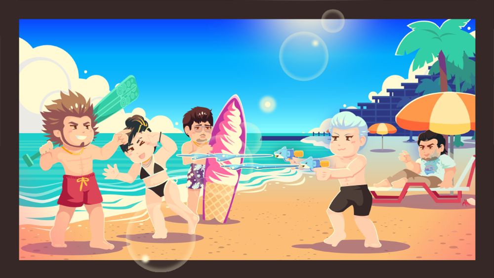 chibi drawing of ichiban kasuga's party from like a dragon infinite wealth having fun at the beach
