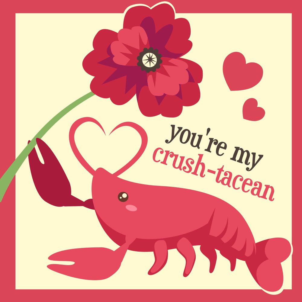 drawing of Nancy the crawfish holding an anemone with the text “youre my crush-tacean”