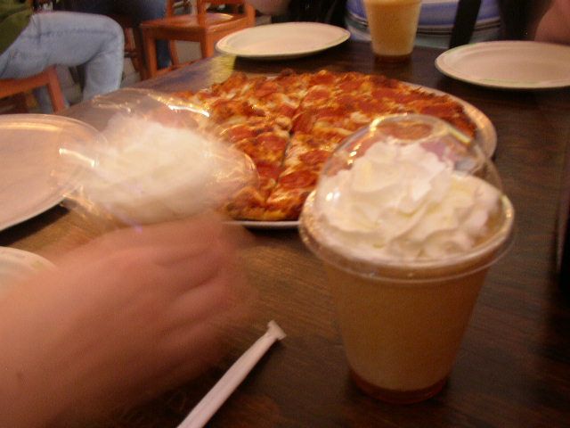 blurry and weirdly ethereal pizza and smoothies
