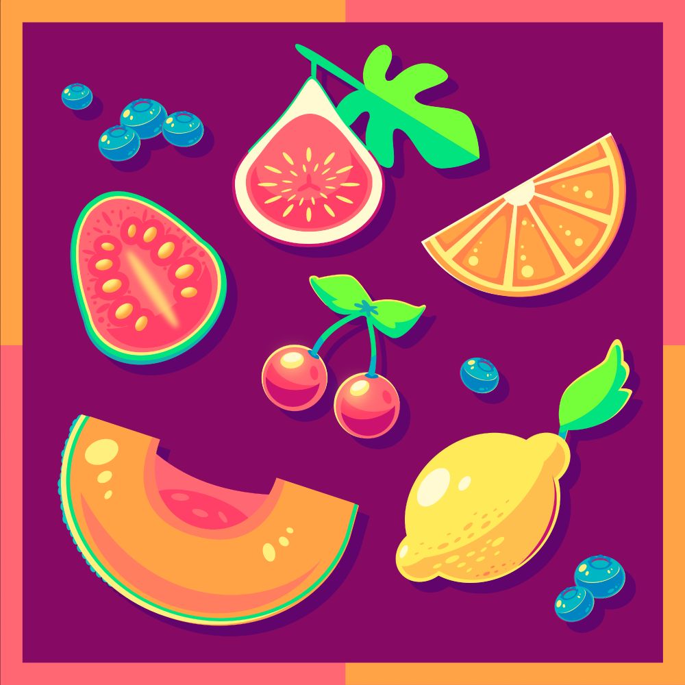 vector drawing of various stylized fruits