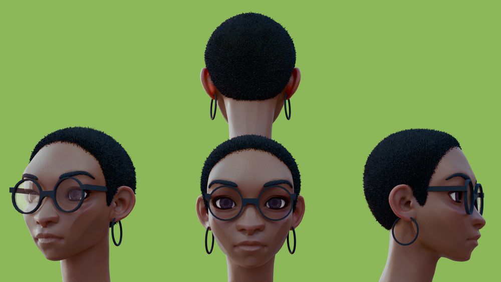 Dark skin human head scult with large circular glasses, large black hoop earrings, and short hair.