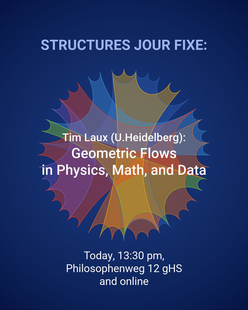 STRUCTURES Jour Fixe #5 this Friday!
July 25, 13:30
Philosophenweg 12 gHS
Tim Laux (Uni HD): Geometric Flows in Physics, Math & Data
Zoom: 935 6549 3662 | Code: 928036
Snacks in Room 106