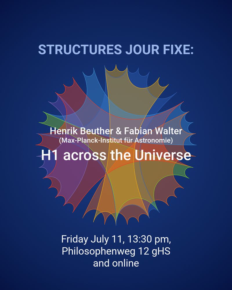 We are happy to announce this week's jour fixe!!

Henrik Beuther & Fabian Walter will talk about “H1 across the Universe” — from nearby clouds to the early cosmos.
When: July 11 - 13:30 PM
Where: Philosophenweg 12 GHs
