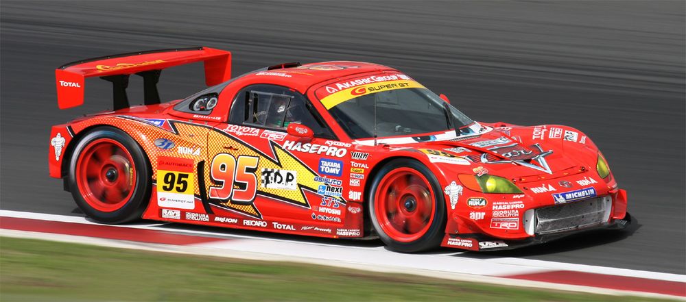 A GT300 apr Toyota MR-S sporting a Lightning McQueen livery.