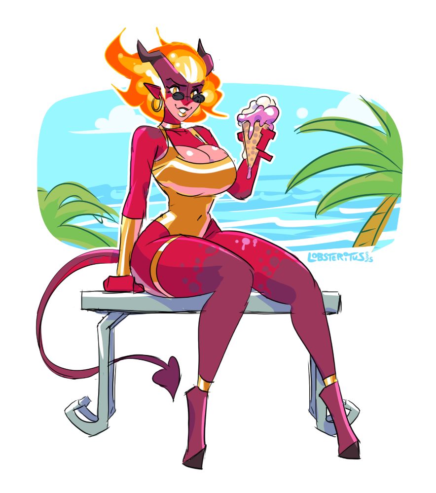 A demon woman with flaming hair in a gold swimsuit sits on a bench while holding a quickly-melting cone of icecream.