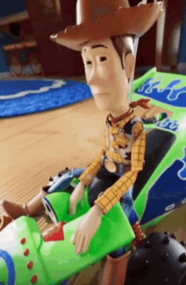 woody from toy story is sitting on a green toy car