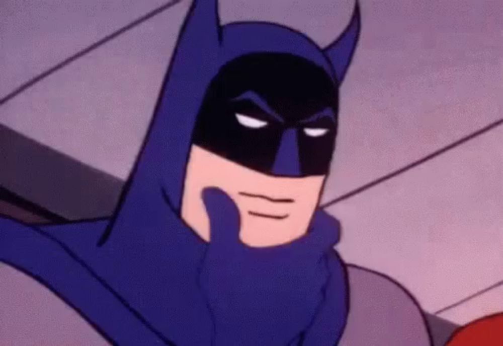 a cartoon of batman wearing a blue cape and mask is holding his hand to his chin .