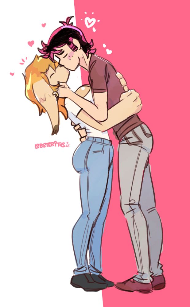 Two characters kissing while embracing each other. The one on the left is a humanoid dog woman, while the one on the right is a human male.