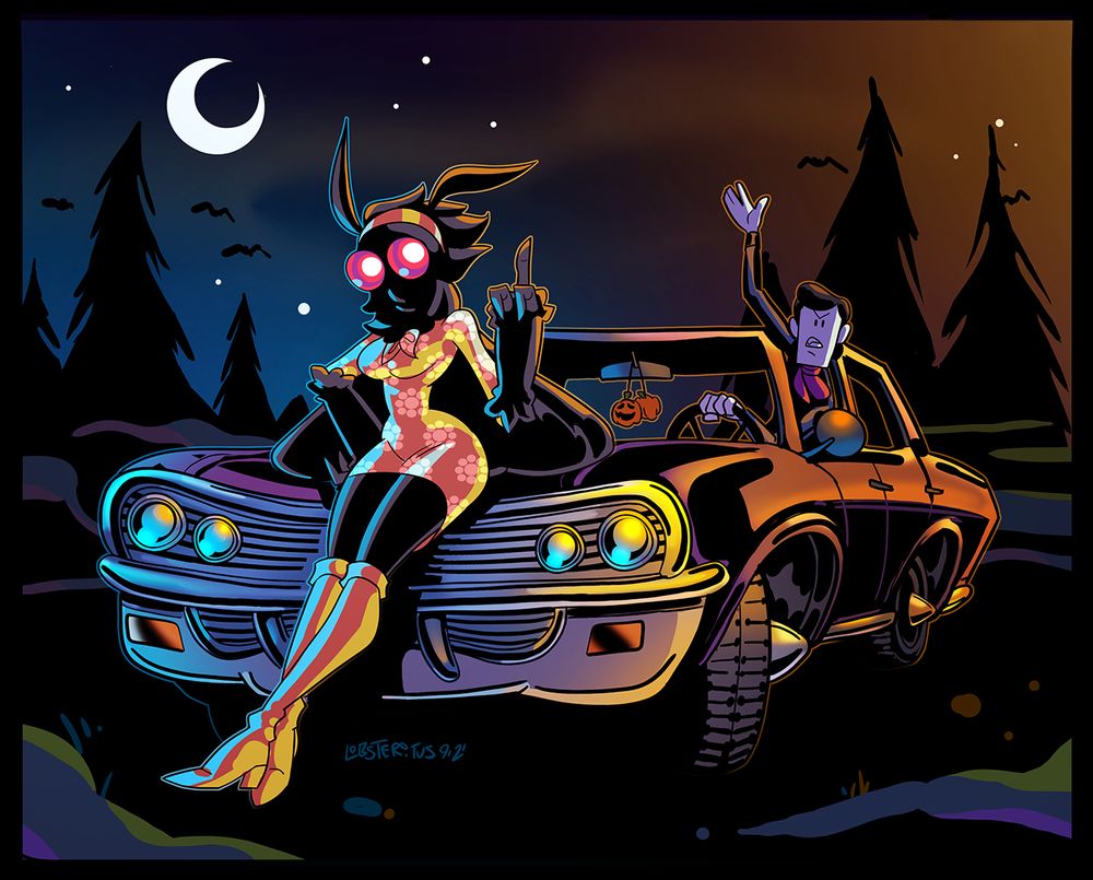 A moth-girl sitting on the hood of her vampire date's car. She is flipping him off while he waves his hand at her while holding his car's steering wheel.