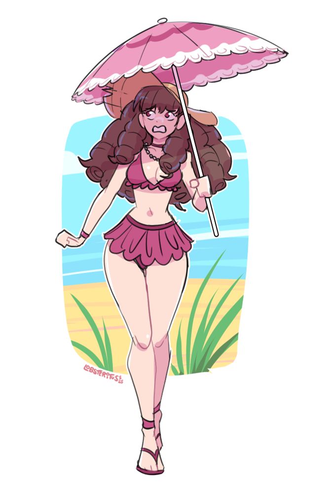 Dawn, a pale woman with brown hair in large curls walks along the beach with an umbrella, looking up at the sun with a worried expression.