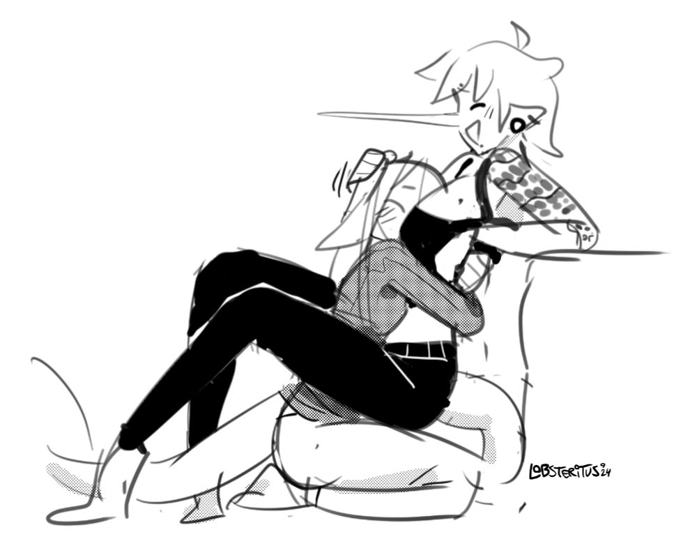 Rosebud and Peri cuddling. Rose has her head buried in Peri's chest while hugging her waist as Peri sits on her lap.