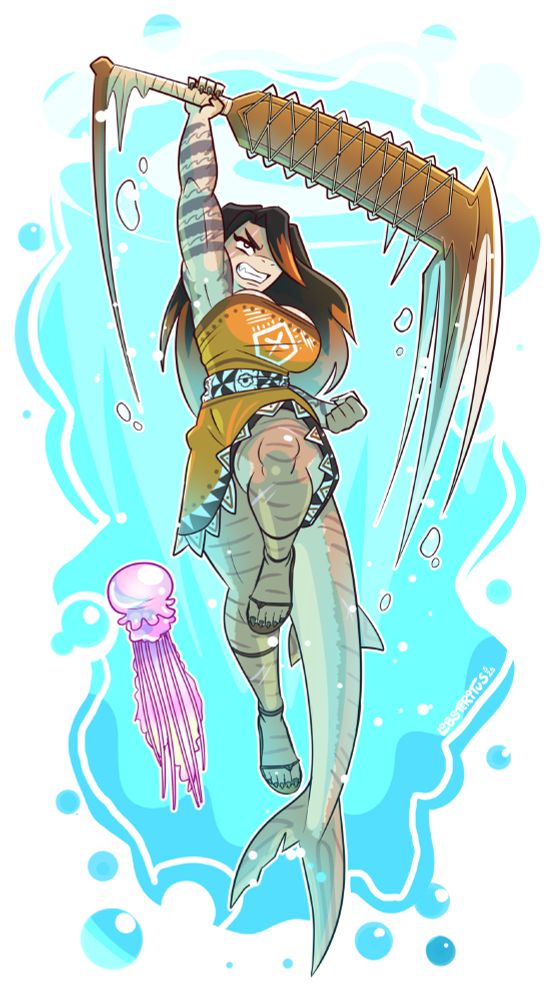 Tiger shark woman doing an upwards strike with her weapon underwater. A jellyfish floats next to her.
