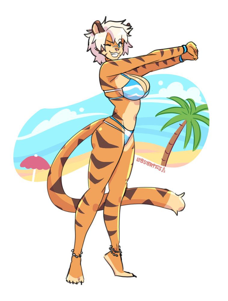 Niah, an anthropomorphic tiger woman stretches her arms on the beach. 