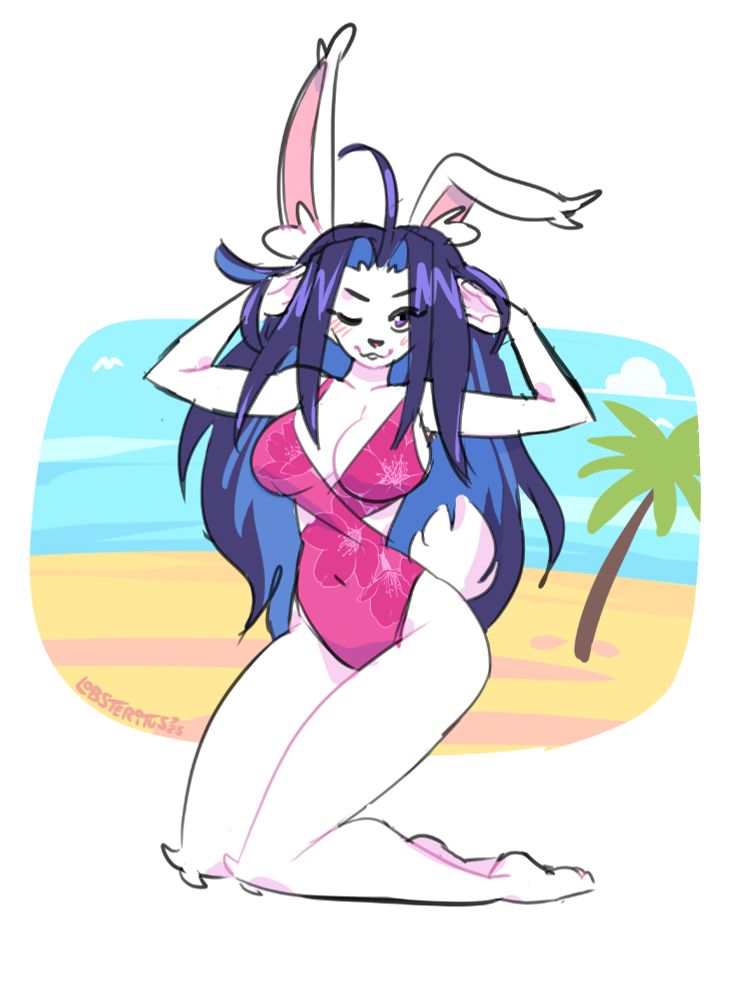 A white, anthro bunny woman wearing a pink swimsuit while kneeling on the beach and playing with her hair.