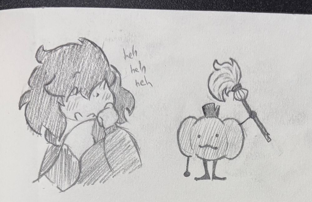 doodle of kemi giggling in delight at a little pumpkin with arms and legs, holding a broom in its little stubby arms.