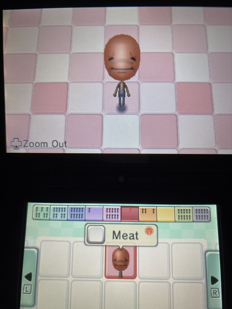Picture of the 3DS's Mii Maker, with Meat proudly front and center on-screen.