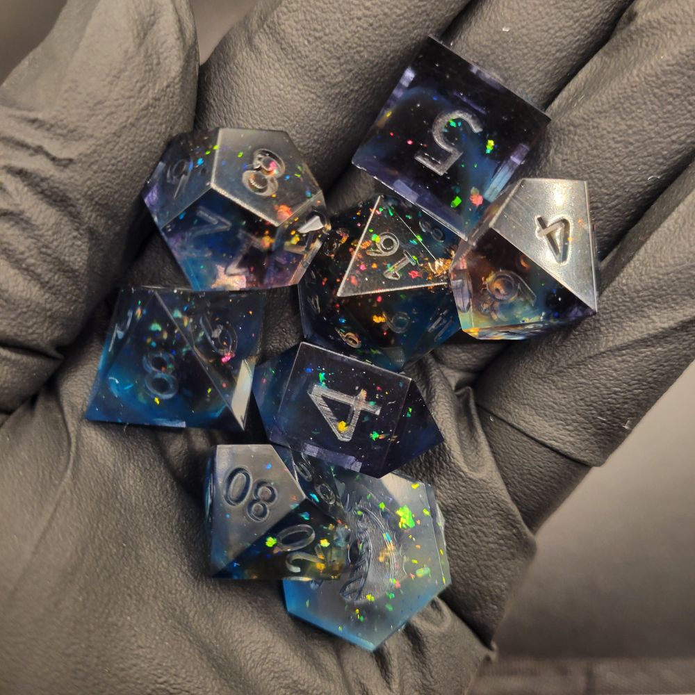 Space style eight piece dice for use in tabletop role playing games 