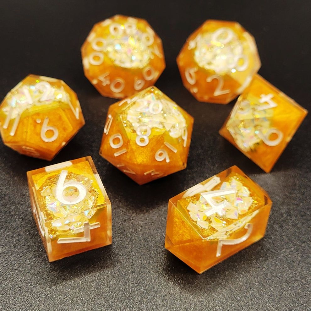 Handmade resin geode dice set, creamy pearl gemstone geodes with gold base and gold lining. Numbers inked in cream