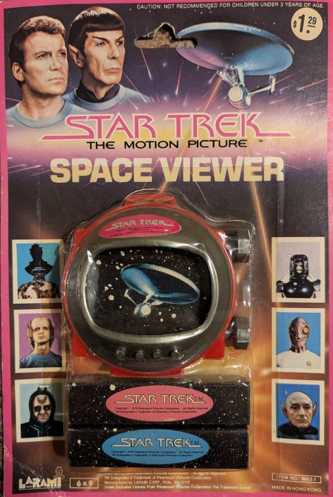 Photo of a 1979 Star Trek toy, the Star Trek: The Motion Picture Space Viewer, still in its original packaging and originally selling for $1.29. It contains a film strip viewer and 2 new mini Star Trek stories on 2 film strips.