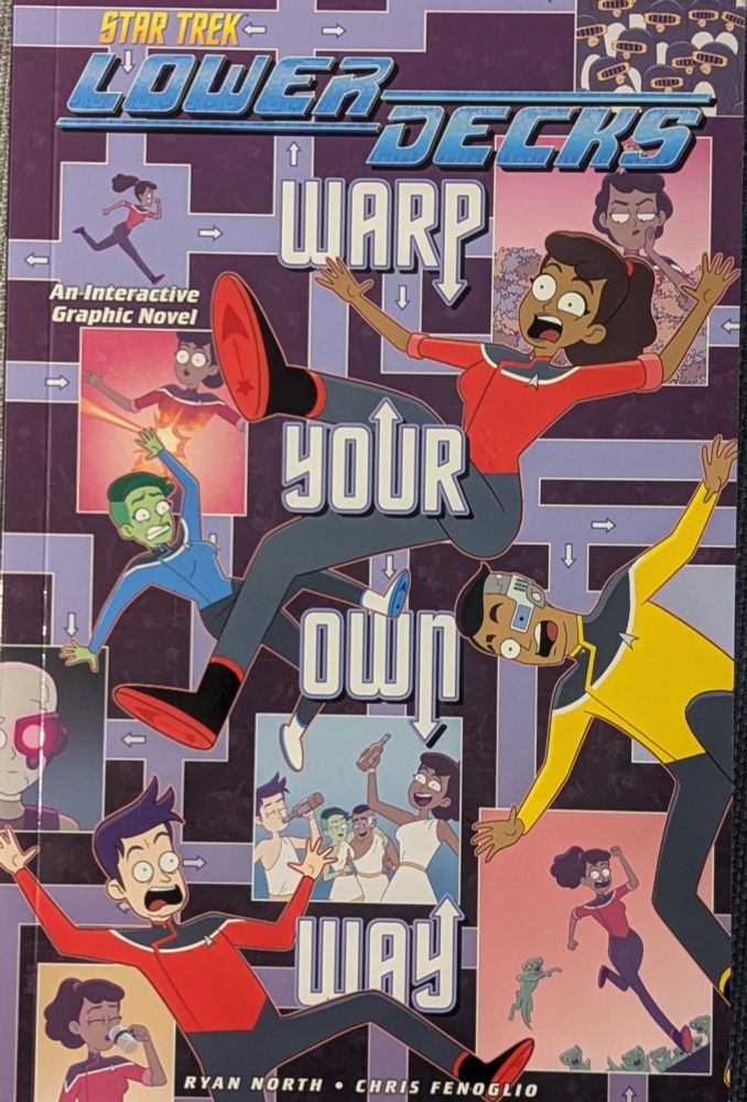 Shows the cover of Star Trek: Lower Decks Warp Your Own Way trade paperback graphic novel. Various clips are featured, showing Mariner, Boiler, Tendi, and Rutherford.