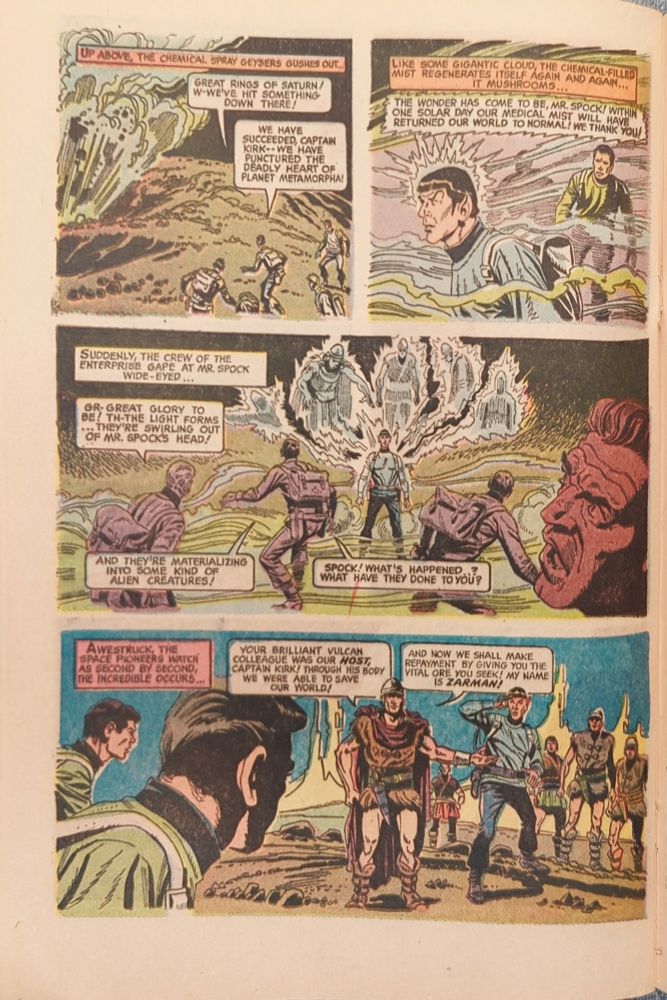 Interior comic Art from Star Trek Gold Key #4 from Jun 1969. 4 panels that reveal that Mr. Spock was being inhabited by an alien using his body to save his doomed planet. The alien resembles a Roman Centurion.