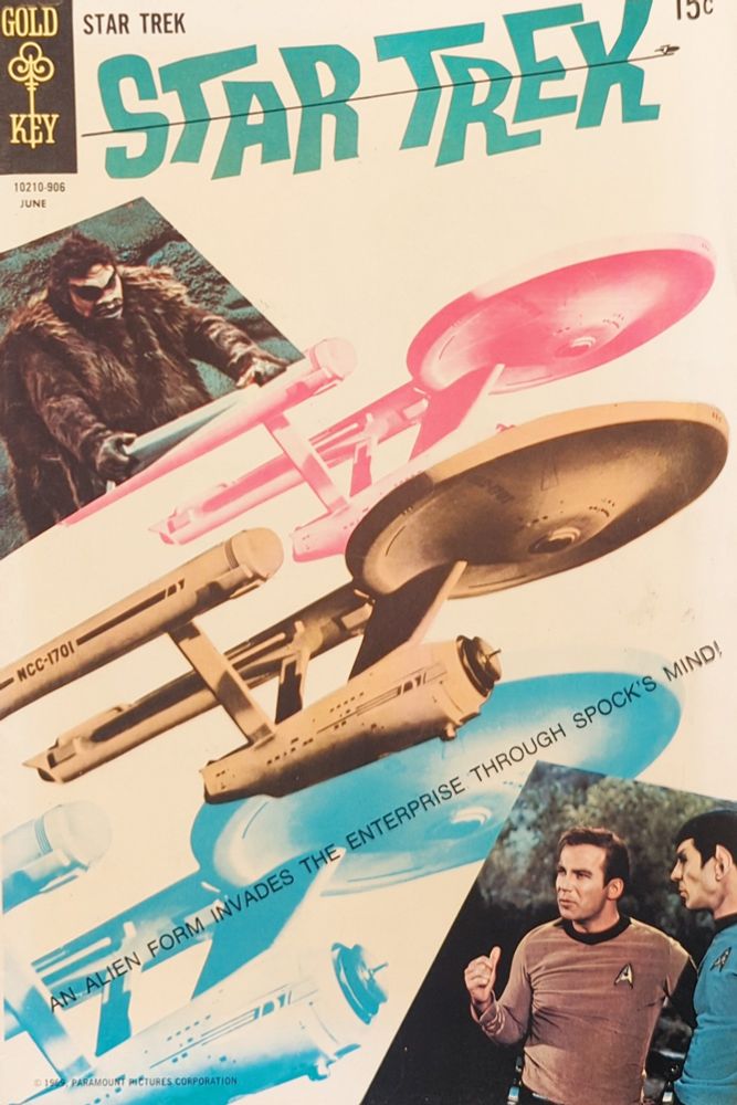 Front cover of Star Trek Gold Key comic #4 showing Kirk, Spock, the Enterprise, and the creature from the TOS episode The Galileo 7. From Jun 1969