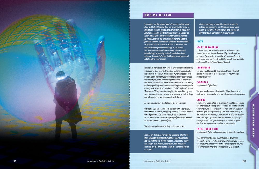 A spread from Entromancy: Definitive Edition featuring a photo-collage illustration on the left page of a robotic hand, and dimensional geometric shapes super imposed over an image of a shadowy figure with glowing eyes. The right page features a double column informational text layout describing the class known as "The Bionic"