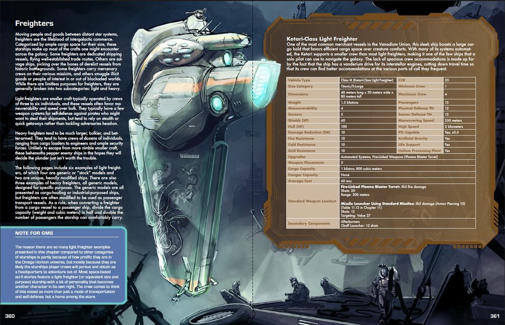 Spread from Omega Horizon TTRPG containing the section on "Freighters" on the left page is the the "Ketari-Class Light Freighter" stat block on the right page. The stat block is enclosed in a gold colored frame with a sci-fi computer aesthetic. There is a background image that spans both pages featuring the aforementioned Freighter . It is a vertical design shaped like a large sideways wing with the cockpit up top and a single large engine protruding from the back. The ship appears to be leaving a docking area. There are several humanoid workers in the foreground carrying cables and equipment.