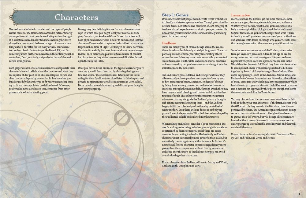Spread from Realmwalker TTRPG Ashcan edition. Features the "Characters" section introduction as well as the first step in character creation entitled "Step 1: Genus" It also showcases the first two "genuses" in the game, the "Endless" and the "Incarnates". The design of the page features a parchment style background with painterly splashes of blues, reds, and purples overlayed with cropped and blended shapes of "sacred geometry".
