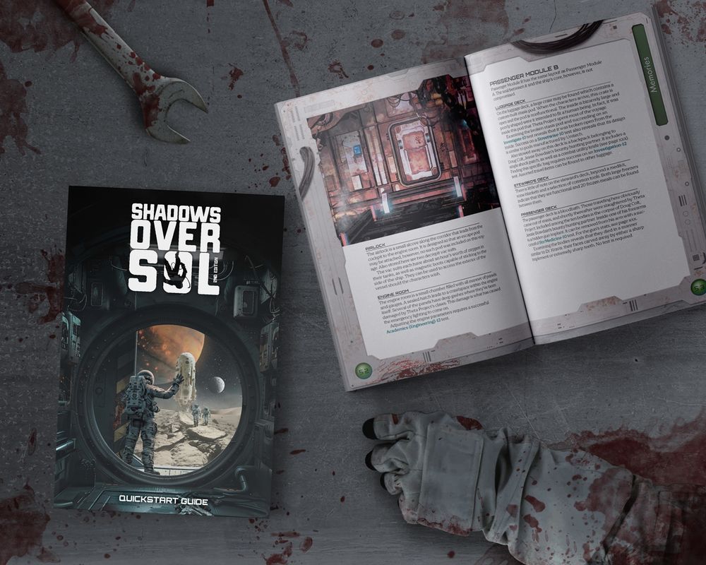 Mockup of of the cover and an interior spread of of Shadow Over SoL 2nd edition Quickstart Guide. The cover features illustration of an astronaut waving from inside a dark corridor to other's approaching from a ship across a barren landscape with no atmosphere. The interior features a spread from the section entitled 