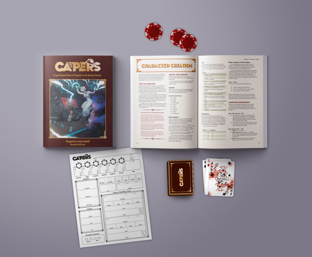 A promo image of the CAPERS ttrpg featuring mockups of the core rule book both opened and closed as well as a character sheet and a custom deck of cards.