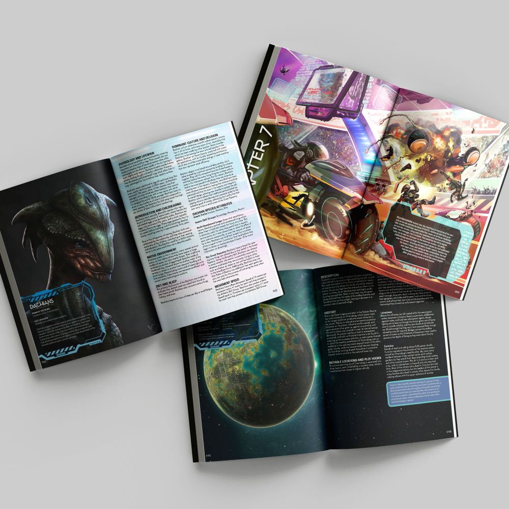 A mockup of multiple open copies of the Omega Horizon core rule book open to 3 different spreads. The first features a reptilian alien race know as the Dachians. The left page contains a full page illustration of one of these characters with an overlay containing some basic information. The facing pafe contains more details about this race. The second book is open to the Chapter 7 intro spread. It features a full-spread, colorful, and chaotic illustration of some kind of sci-fi motorcycle race with a vehicle crashing and exploding in the background. There is a small overlay on the bottom of the right page that contains the beginning paragraph of the intro fiction for this chapter. The final book is open to one of the planet spreads. It features a full page illustration of space with a green and ochre colored planet centered on the left page. There is an overlay with more details about this planet but it is obscured by the first book which sits on top of this one. The right page contains further info about the planet.
