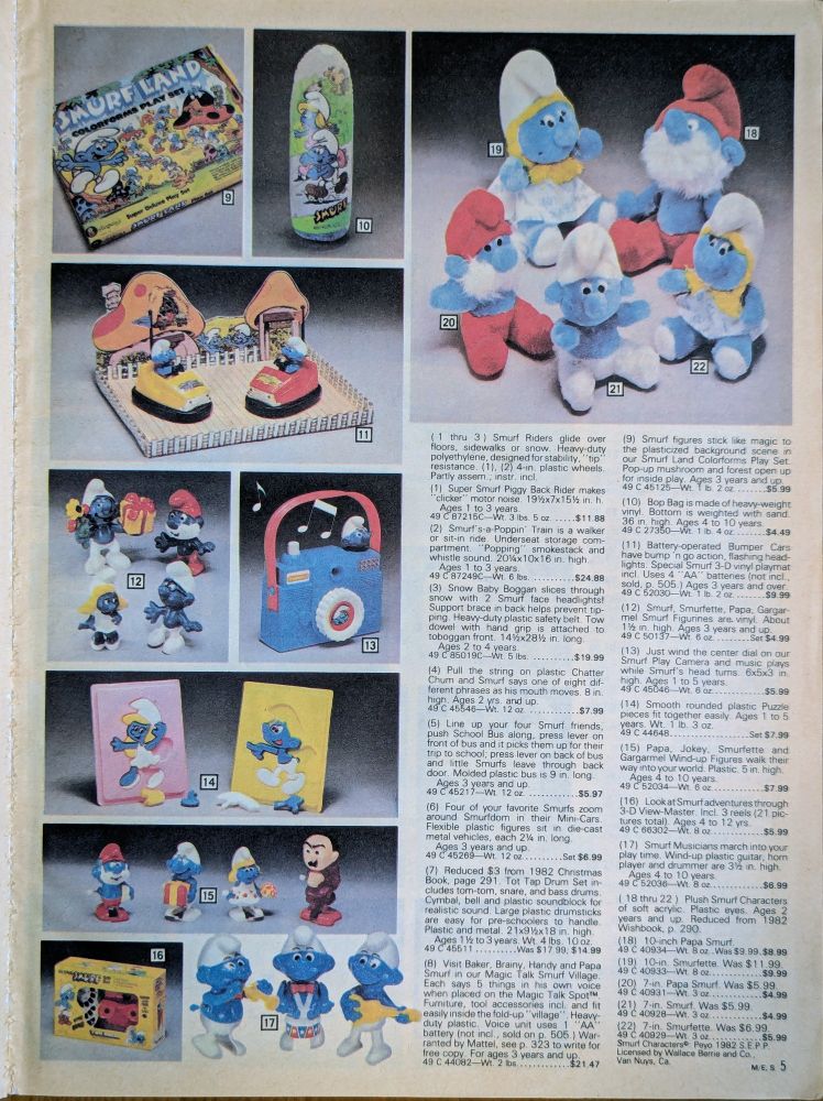Official Smurf toys and licensed merchandise in a vintage Sears Catalog 